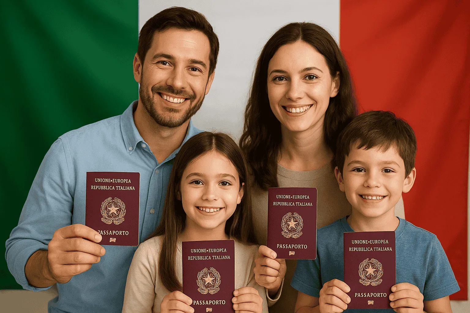 Familia con pasaportes italianos frente a la bandera de Italia